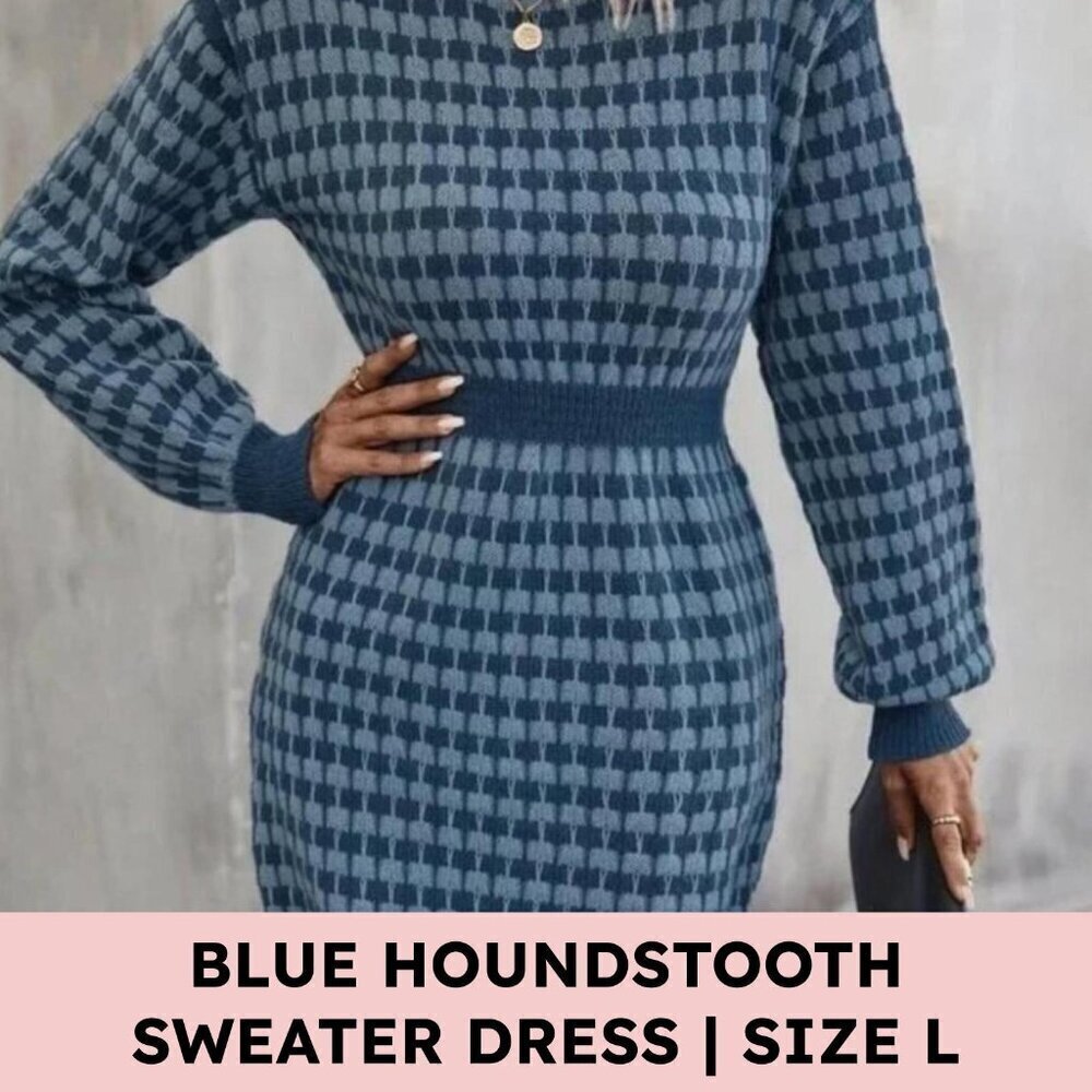 MODA ME COUTURE Sweater Dress Polyester Houndstooth Quiet Luxury L Blue - Picture 10 of 10